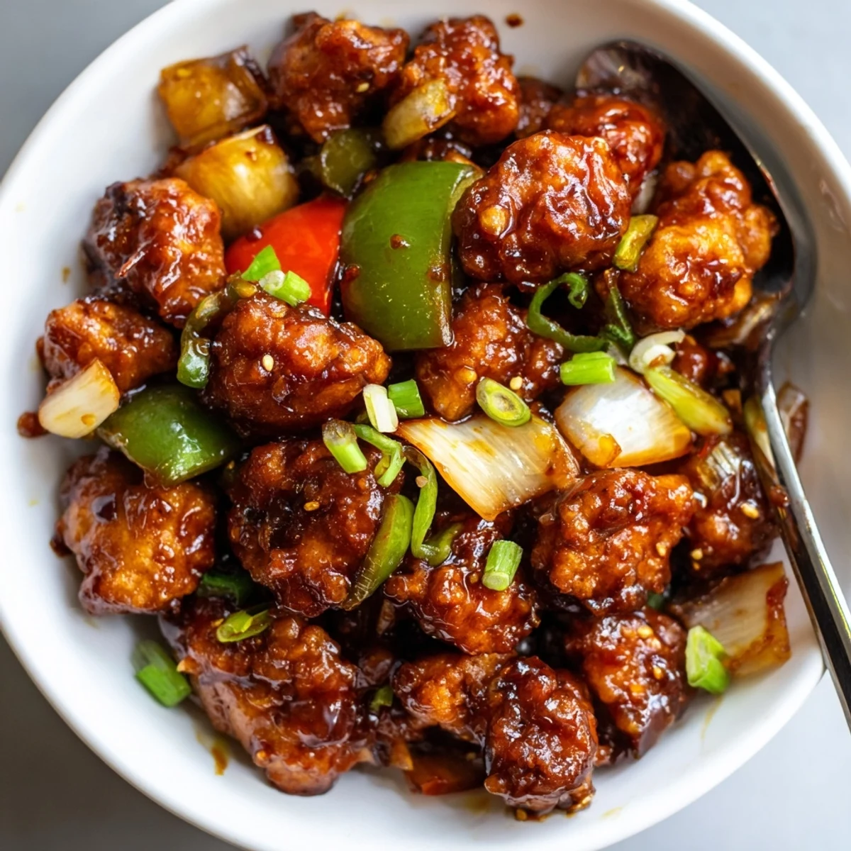 Flavorful Chilli Chicken served hot, glossy sauce over steaming jasmine rice