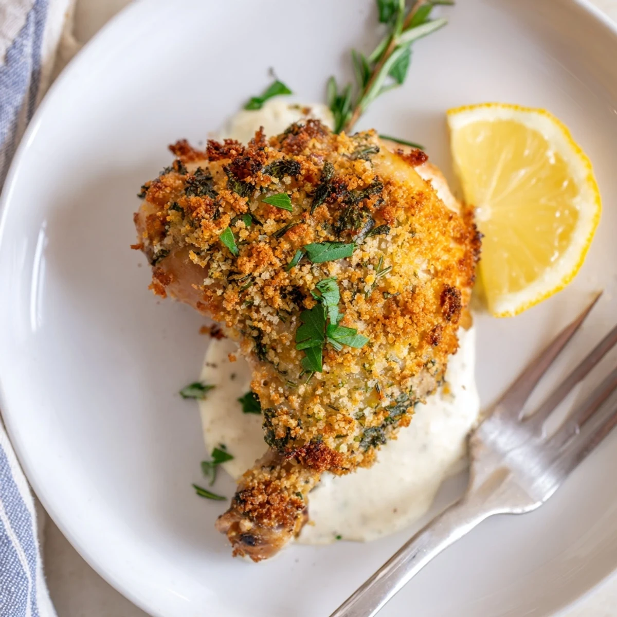 Golden Herb Crusted Chicken Thighs In Creamy Garlic Sauce, oven-baked skin glistening, lemon wedge