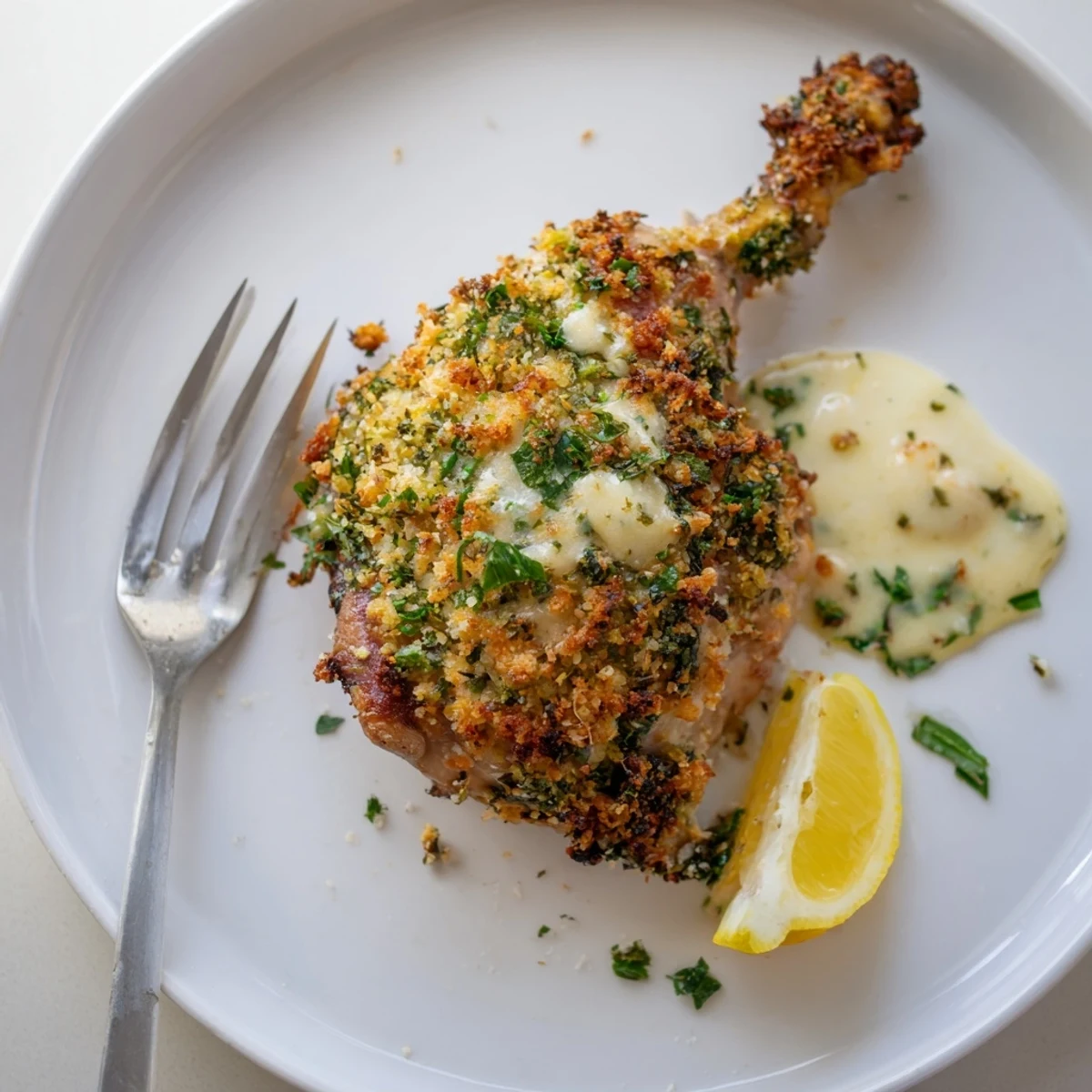 Golden Herb Crusted Chicken Thighs In Creamy Garlic Sauce with buttery, garlic-scented sauce pooling