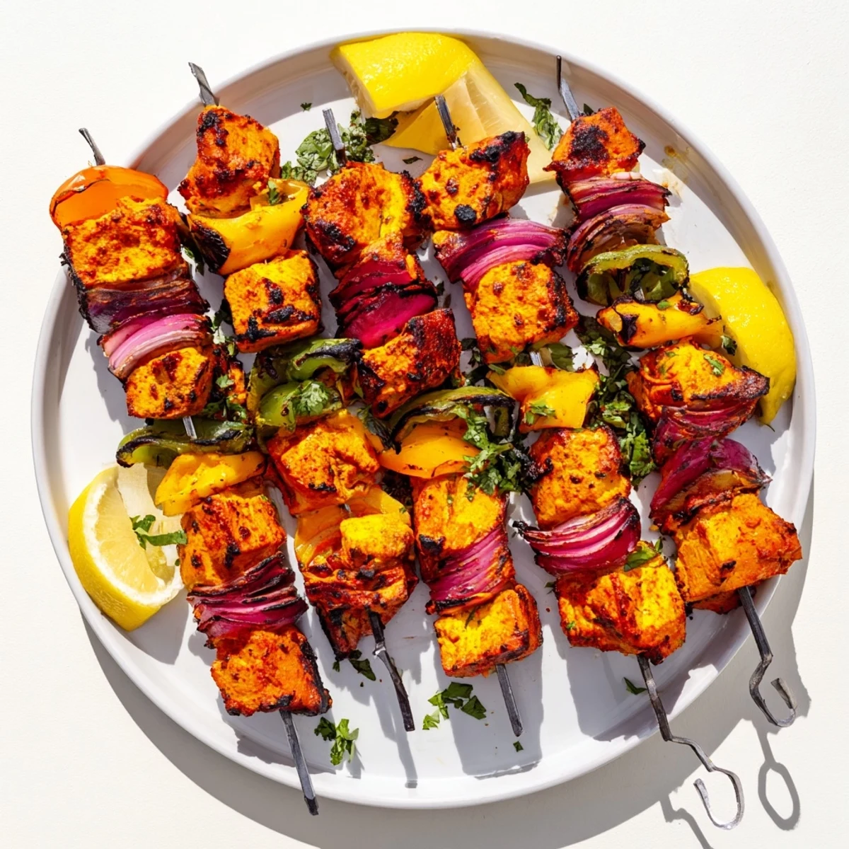 Golden Tandoori Chicken Tikka skewers grill over open flames with vibrant red spice-marinated meat