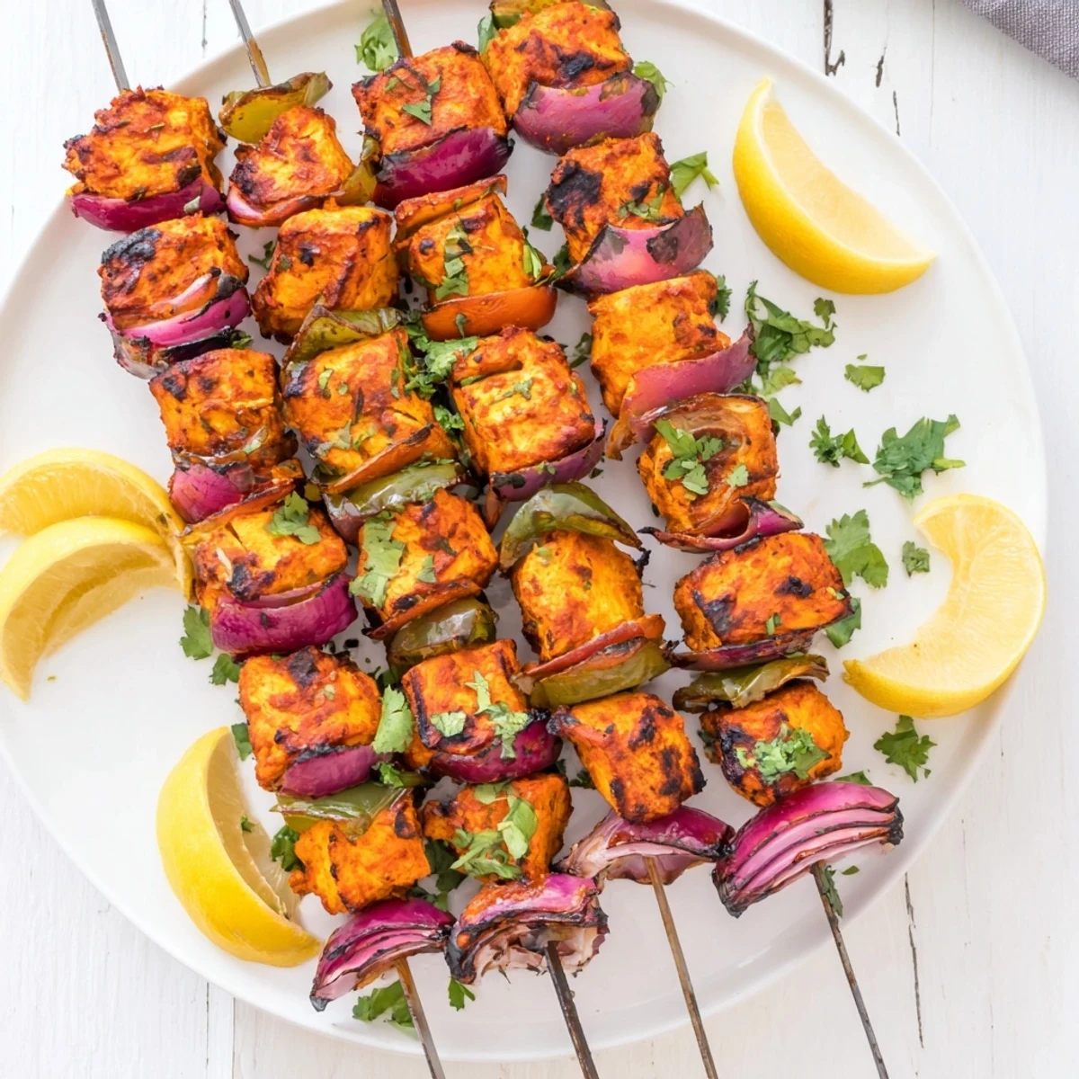 Tender Tandoori Chicken Tikka skewers feature charred edges and fresh green coriander garnish