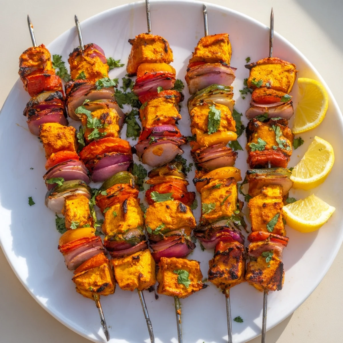Sizzling Tandoori Chicken Tikka skewers rest on a platter alongside lemon wedges and mint chutney