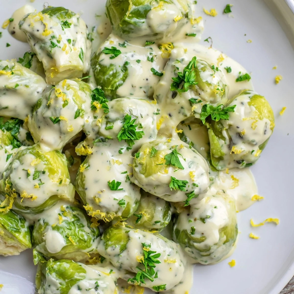 Creamy Boursin cheese glazed Brussels sprouts served in a white bowl with parsley garnish