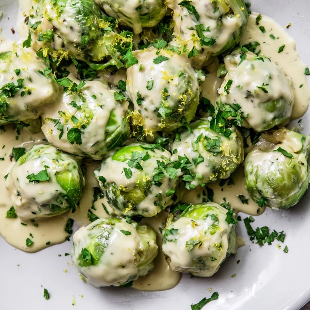 Golden tender Brussels sprouts coated in creamy melted Boursin cheese with fresh herbs