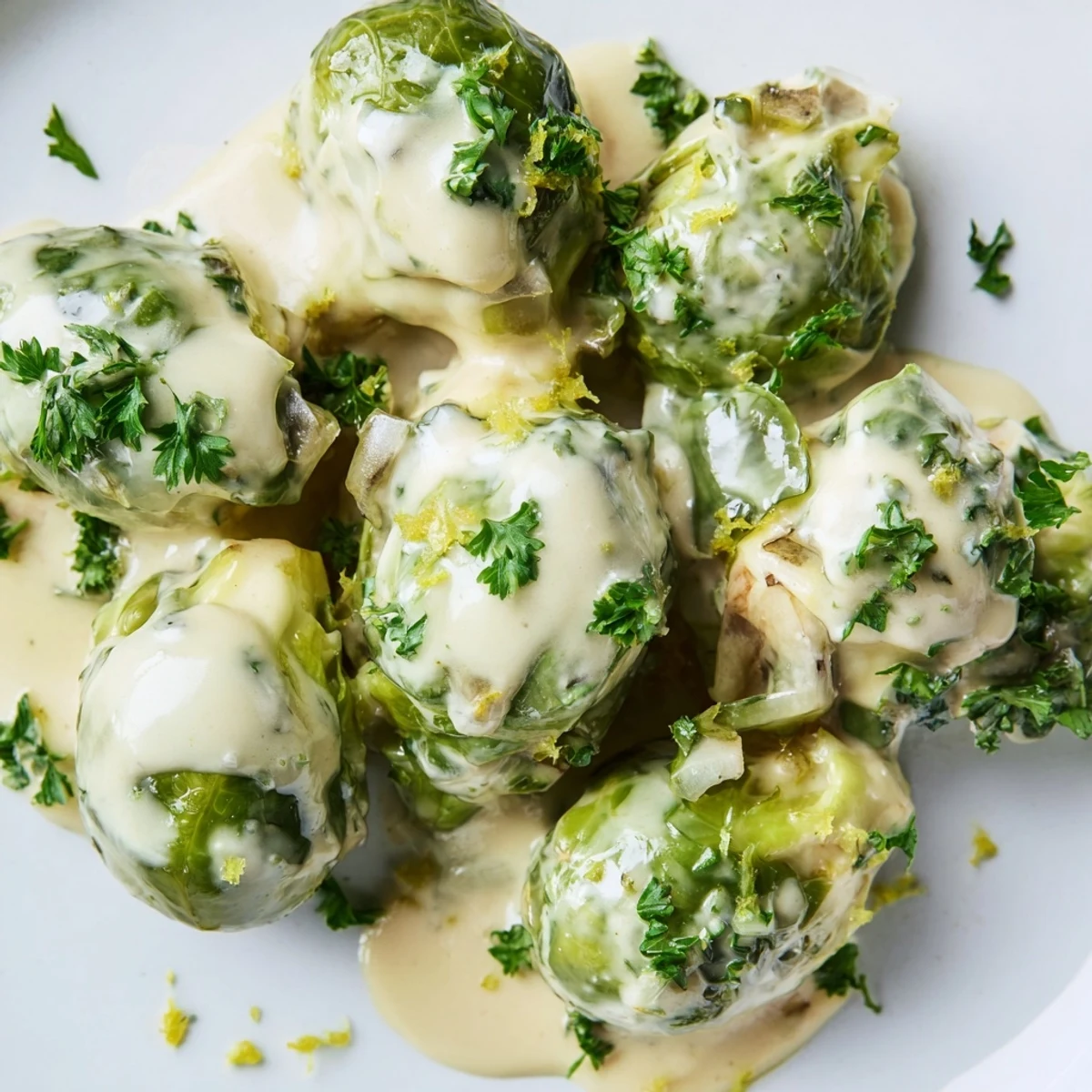Sautéed Brussels sprouts halves swimming in rich garlic herb Boursin sauce with lemon zest