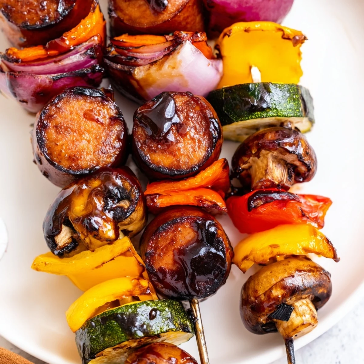 Golden grilled kielbasa kabobs with colorful vegetables coated in glossy balsamic honey glaze