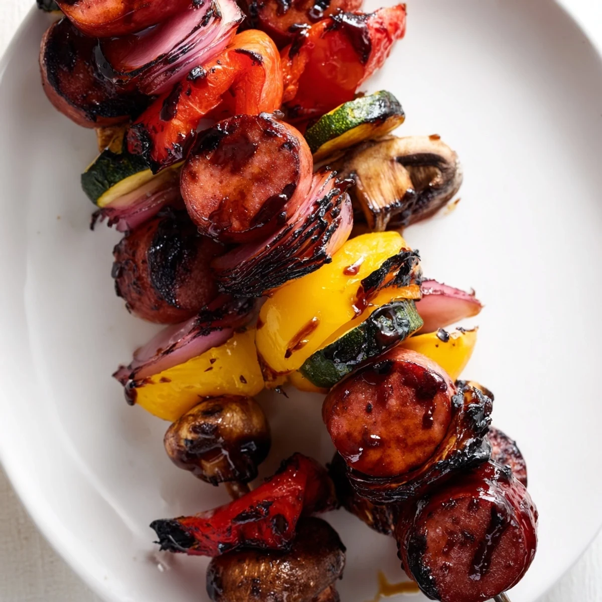 Char-grilled kielbasa kabops featuring zucchini mushrooms and red onion drizzled with balsamic honey glaze
