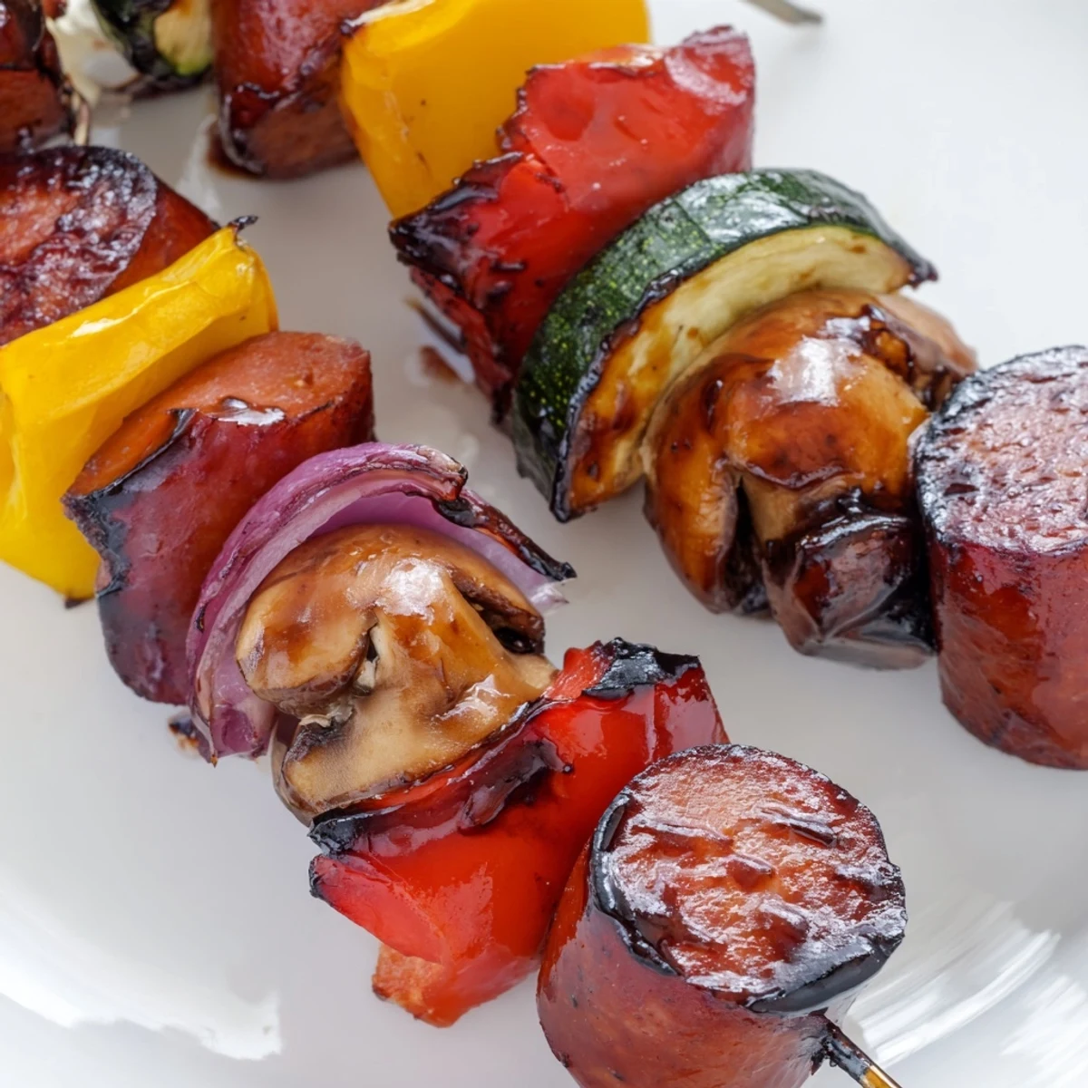 Savory kielbasa and vibrant bell pepper skewers brushed with sweet tangy honey balsamic sauce