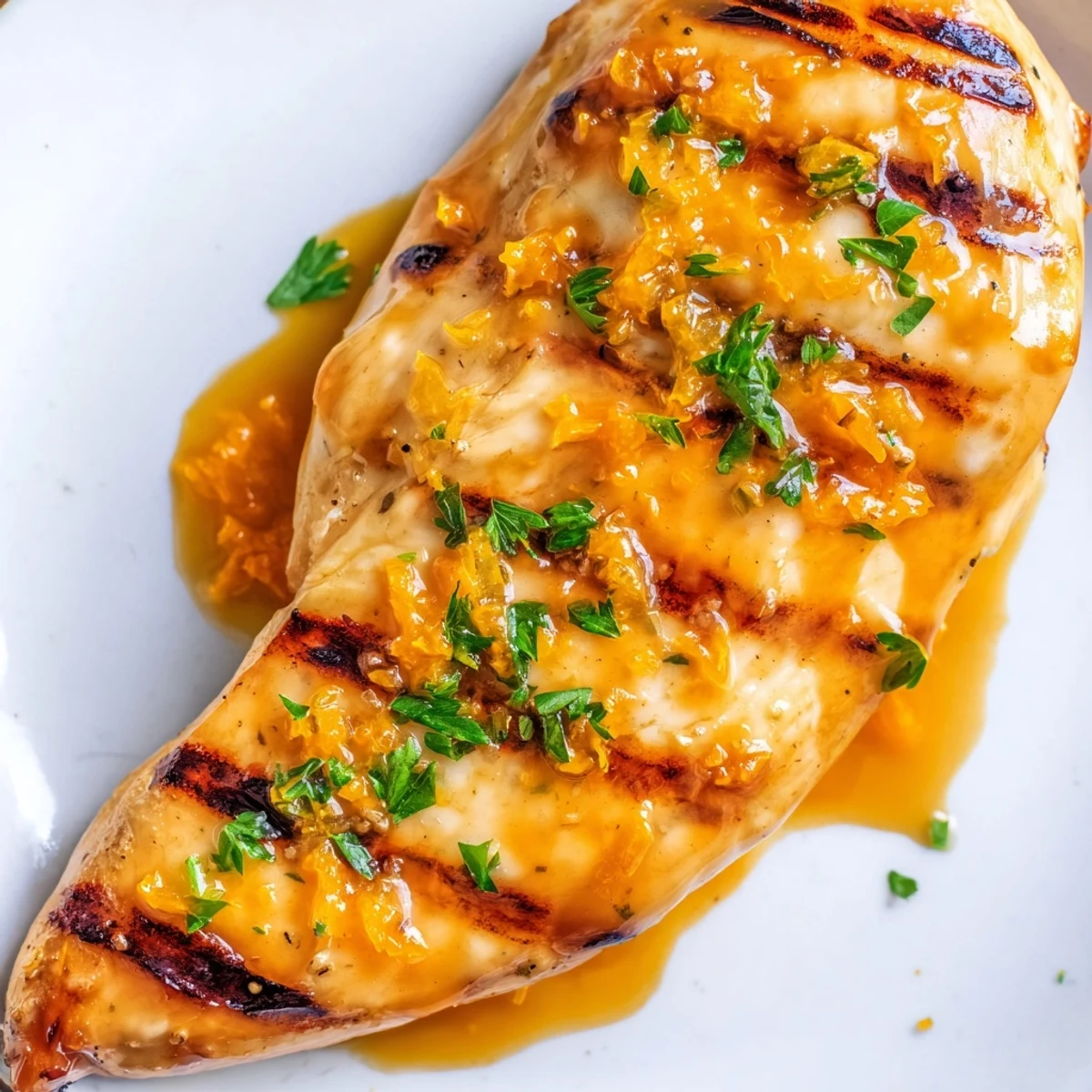 Juicy grilled chicken marinated in zesty orange Dijon mustard sauce with charred grill marks and herb topping