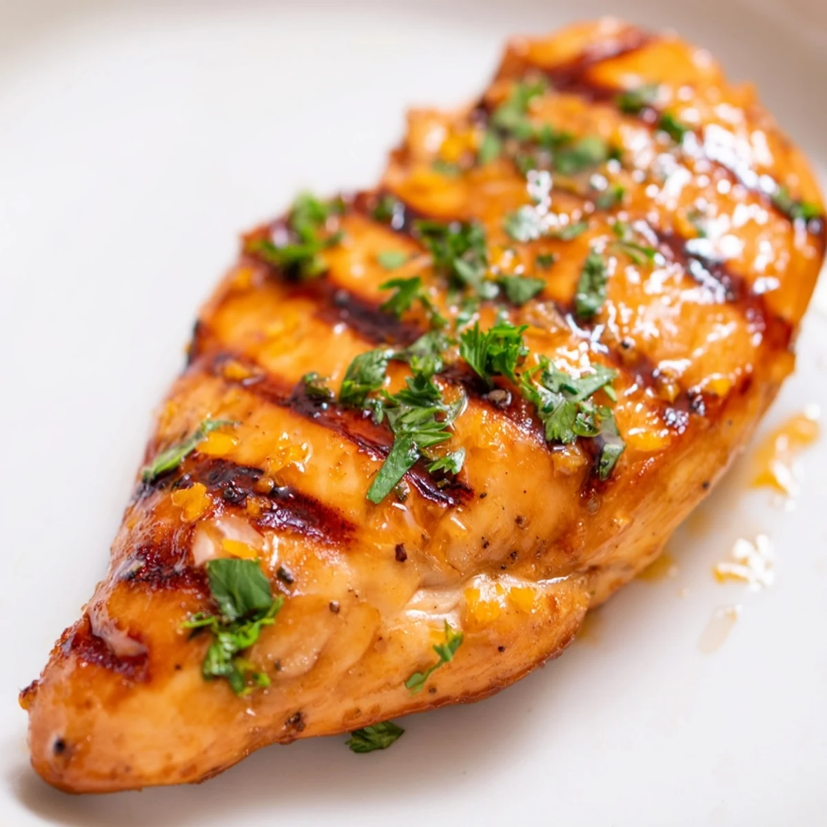 Golden Orange Dijon grilled chicken breasts garnished with fresh orange slices and parsley on a white plate