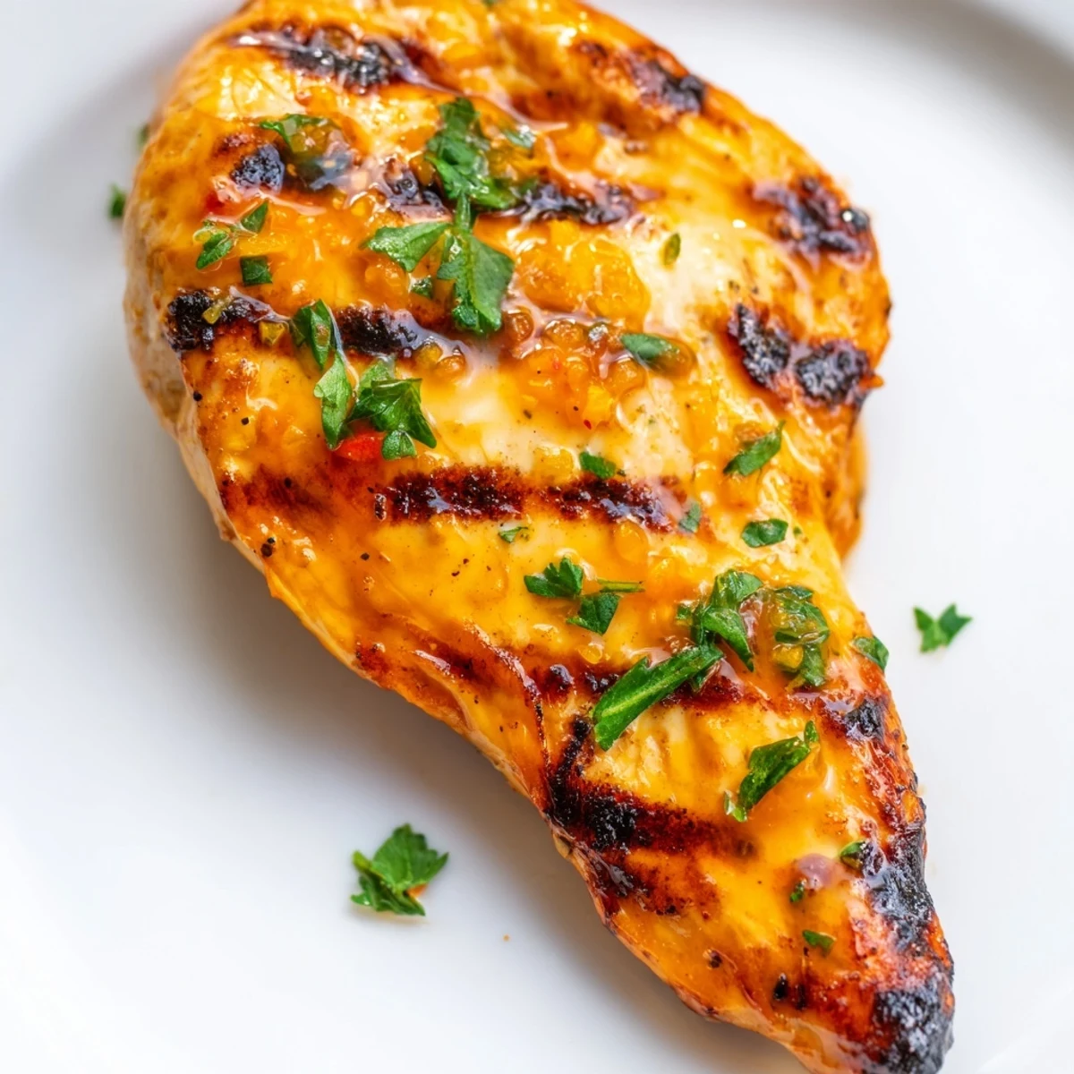 Perfectly grilled Orange Dijon chicken breast served with fresh orange wedges on a rustic wooden cutting board