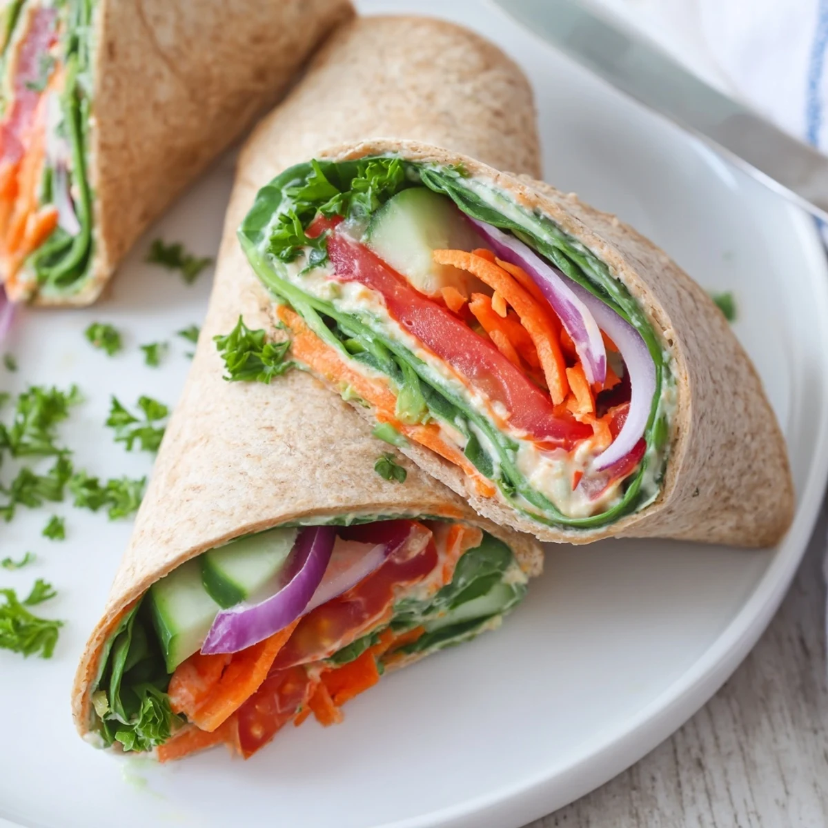 Golden whole wheat wrap rolled with creamy hummus and crisp colorful vegetable layers