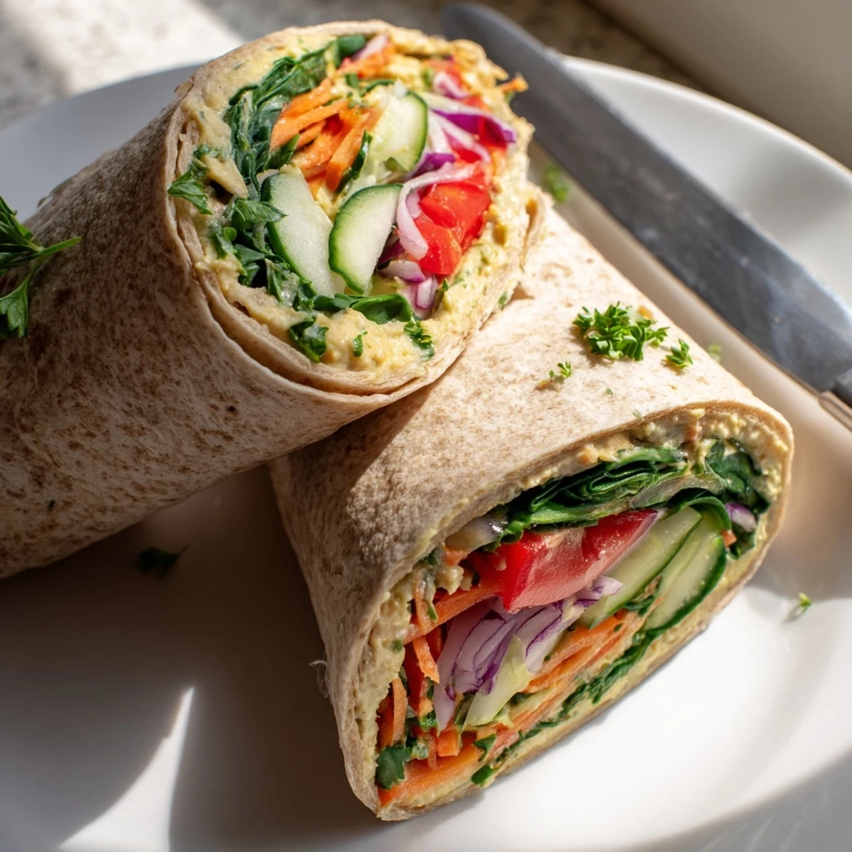 Fresh Mediterranean style wrap overflowing with sliced cucumber, bell pepper, and tender greens