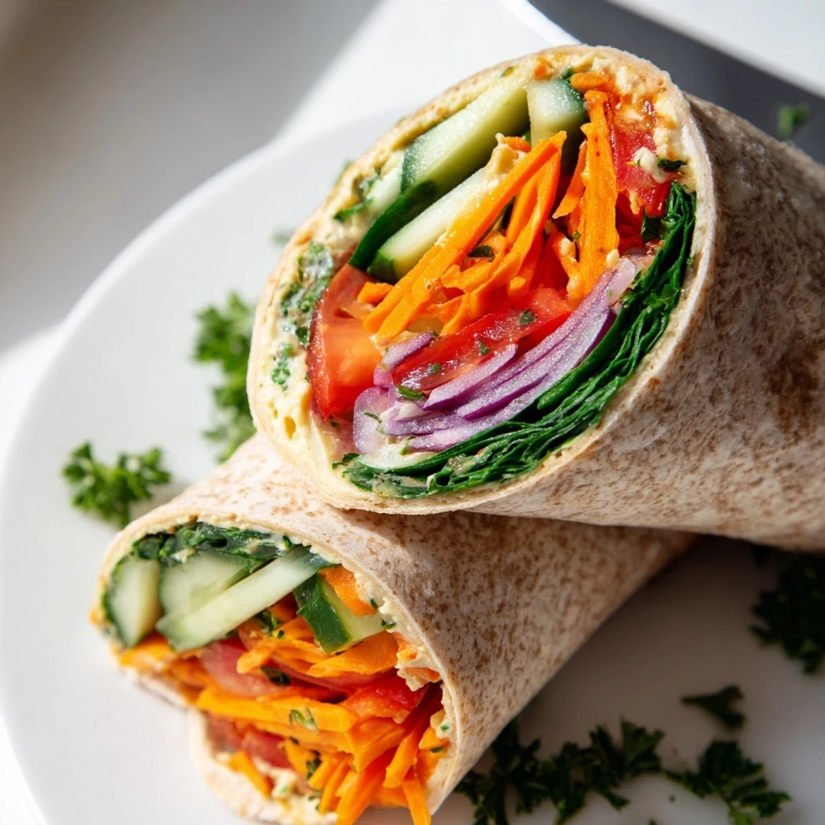 Plant-based lunch featuring hummus spread tortilla packed with crunchy rainbow vegetables