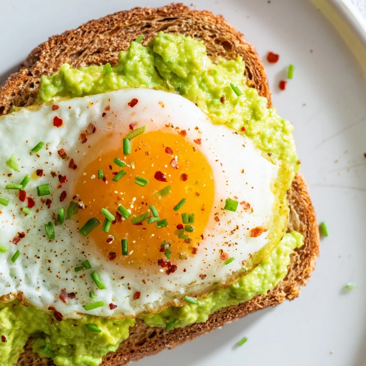 Hearty whole grain toast layered with smooth avocado and a sunny-side-up egg