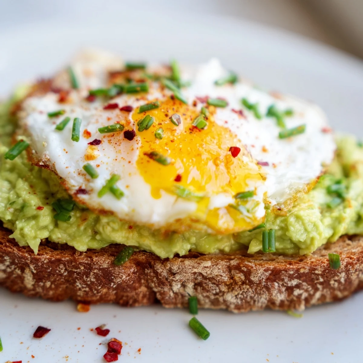 Rustic avocado toast with egg featuring red pepper flakes and fresh herb garnish