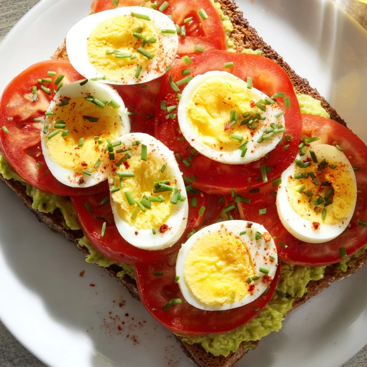 Crisp sourdough piled with mashed avocado, sliced tomatoes, and hard boiled egg recipe