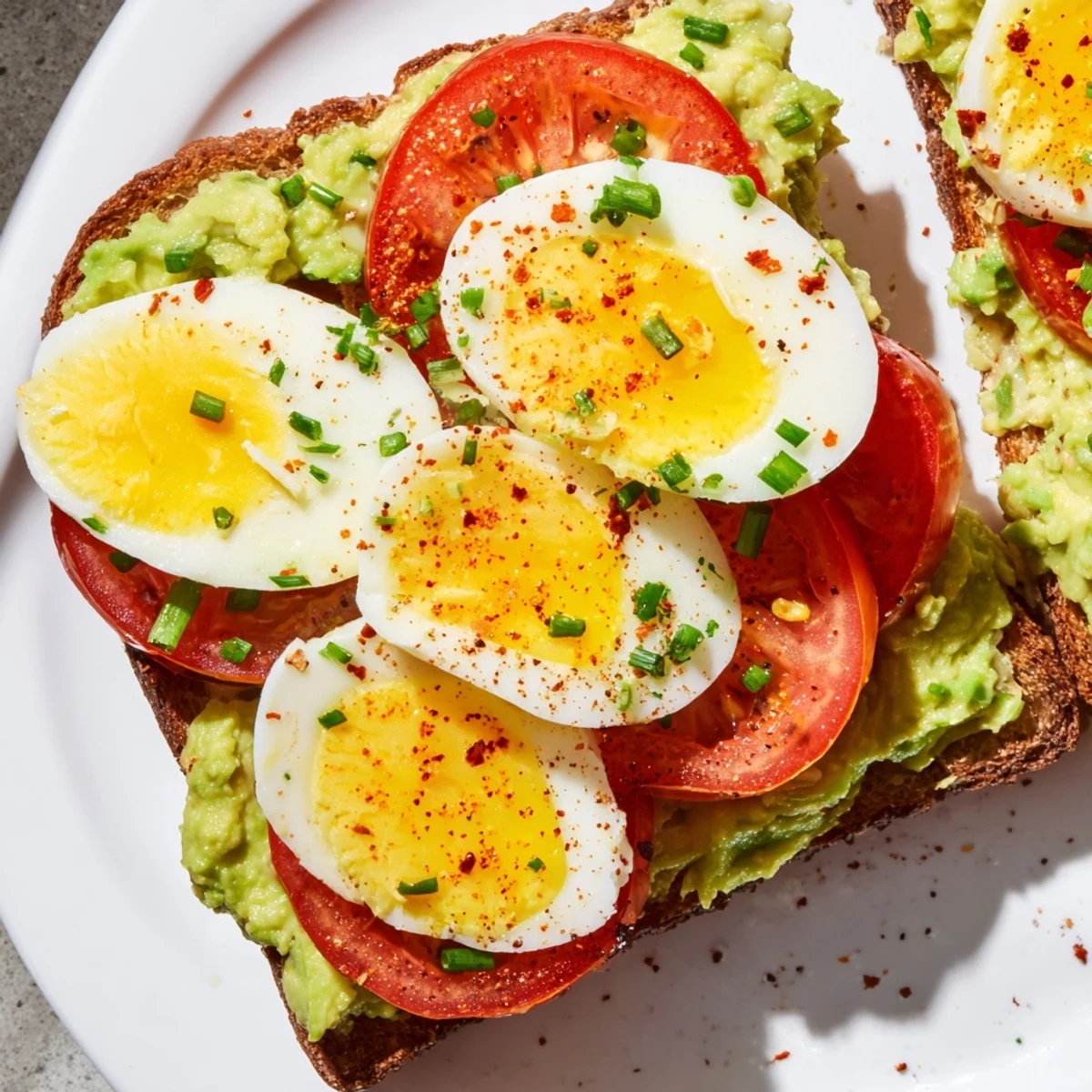Golden avocado toast with tomato and hard boiled egg recipe topped with fresh chives