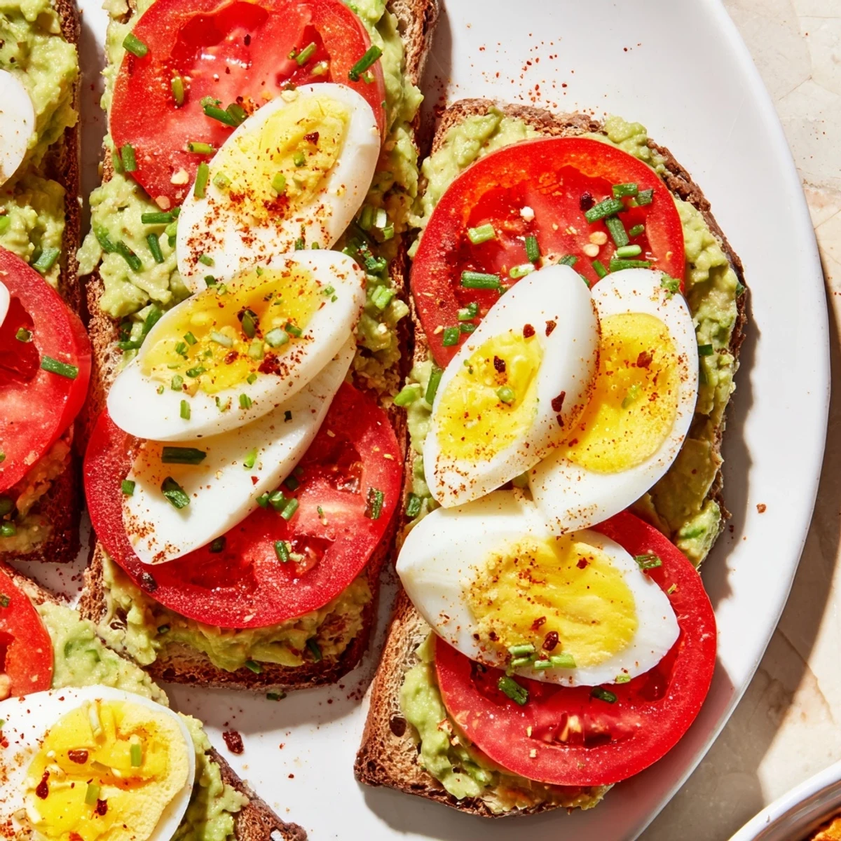 Protein-packed avocado toast with tomato and hard boiled egg recipe garnished with red pepper flakes