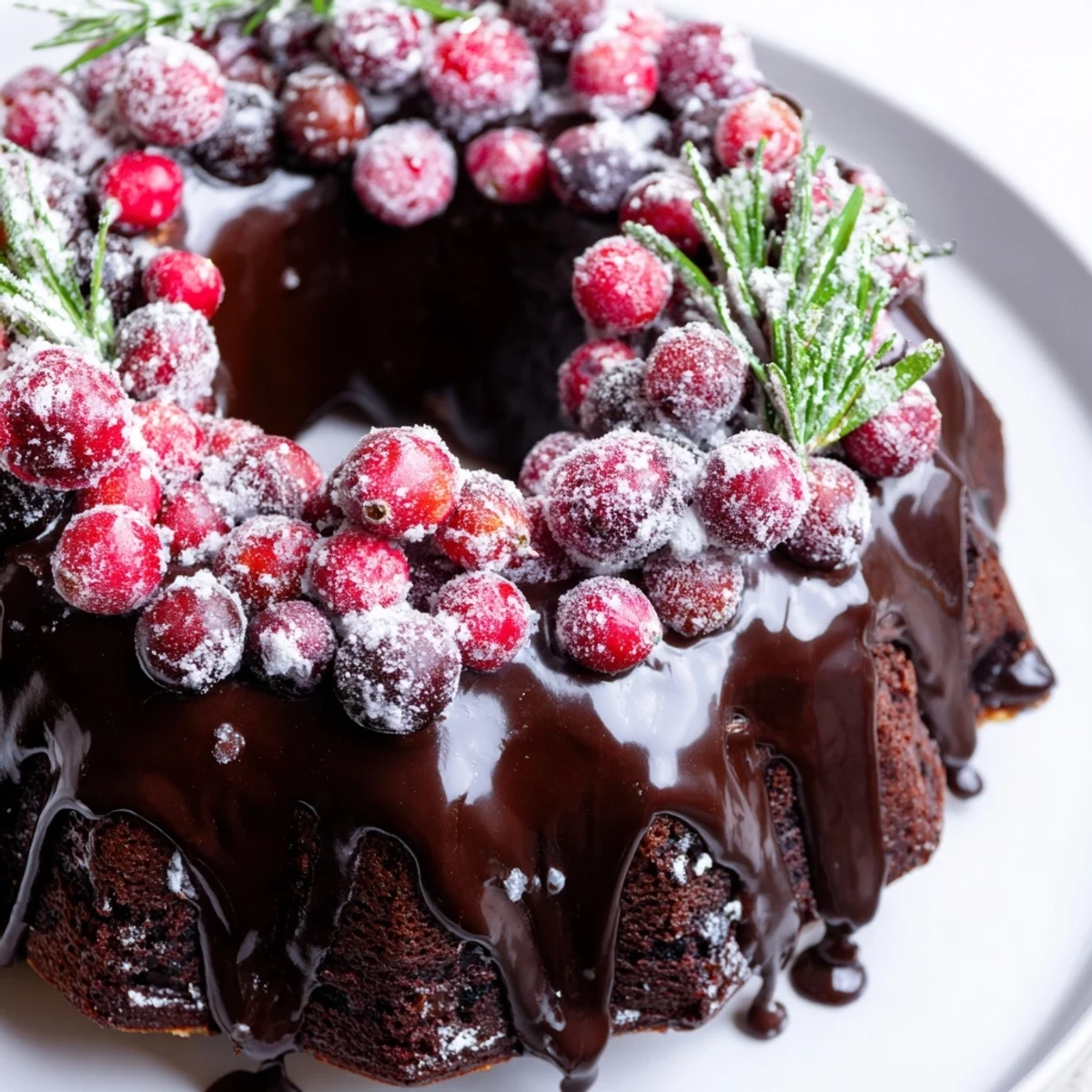 Festive Chocolate Bundt Cake Christmas Wreath dusted with powdered sugar, holiday centerpiece.