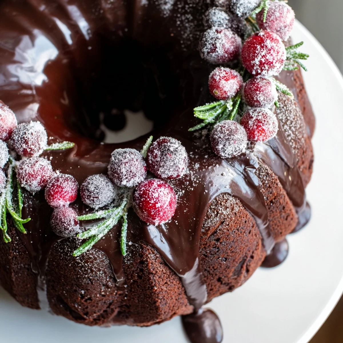 Warm slice of Chocolate Bundt Cake Christmas Wreath served with steaming cocoa.  