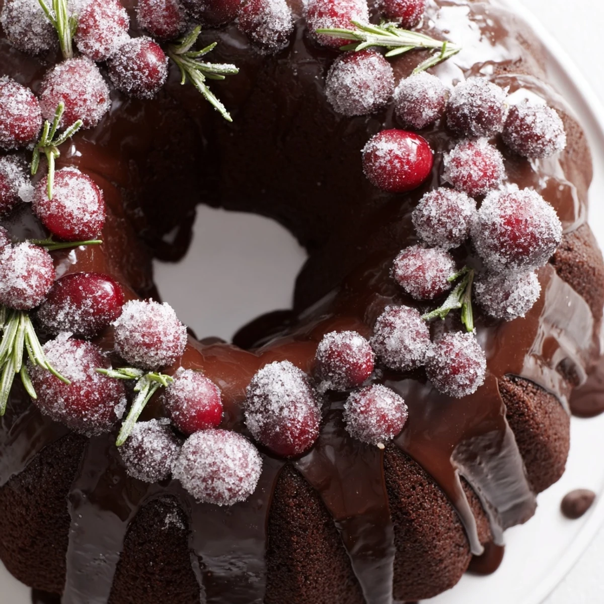 Chocolate Bundt Cake Christmas Wreath with glossy chocolate glaze, sugared cranberries, rosemary.  