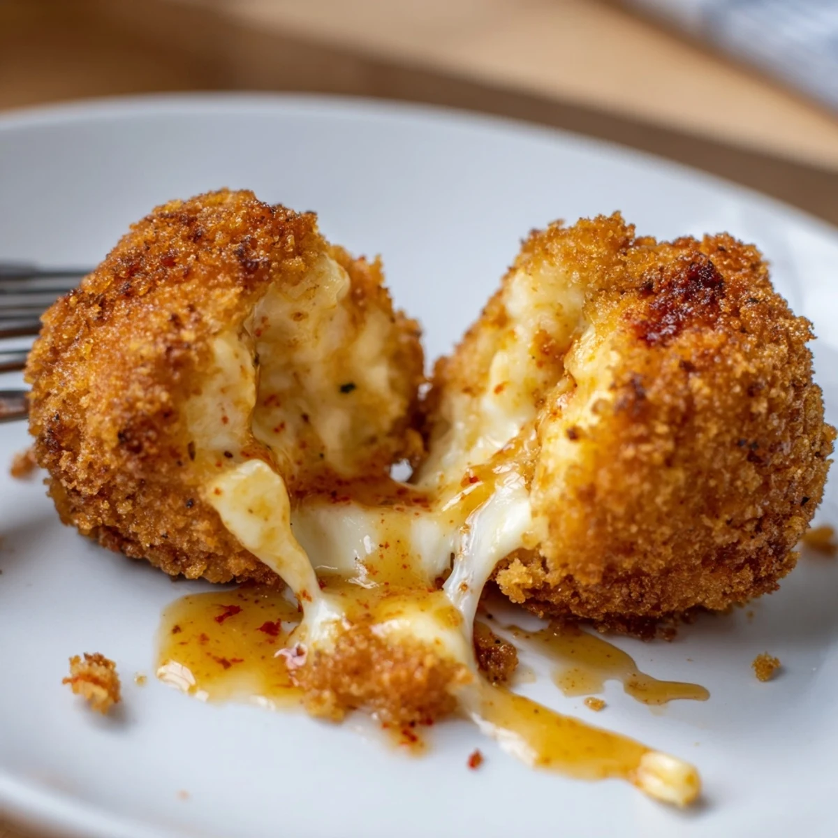 Irresistible Crispy Mozzarella Poppers With Maple Glaze, golden, melty centers, served on napkin