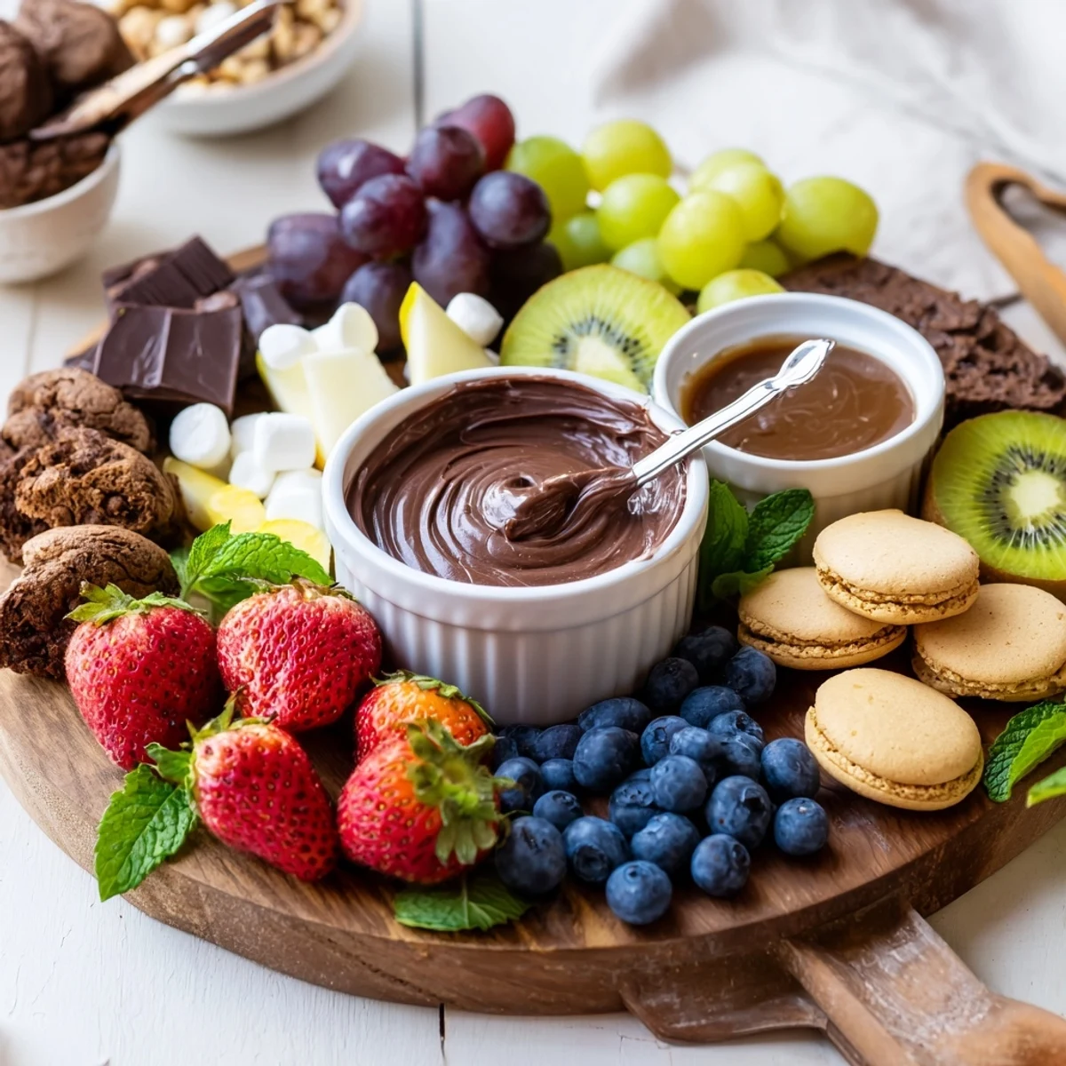 Dessert Charcuterie Board with colorful berries, chocolates, and dips for sharing