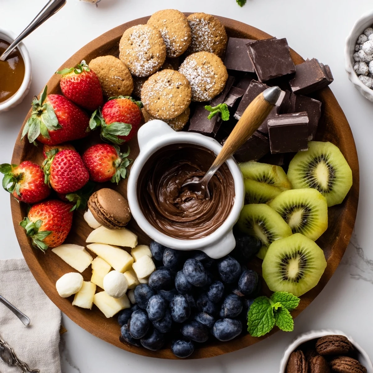 Rustic Dessert Charcuterie Board arranged with macarons, brownies, and caramel drizzle