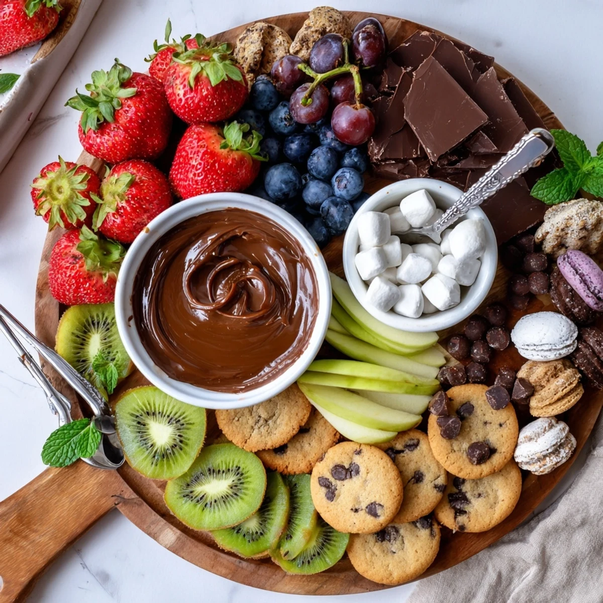 Party-ready Dessert Charcuterie Board featuring sliced fruit, pretzels, Nutella for dipping
