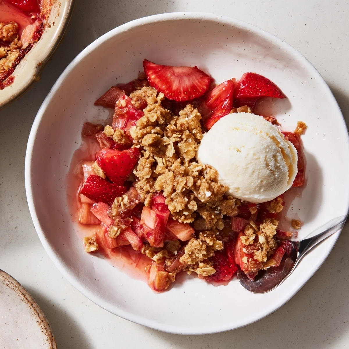 Slice of Strawberry Rhubarb Crisp Recipe on plate, steam rising, crunchy topping