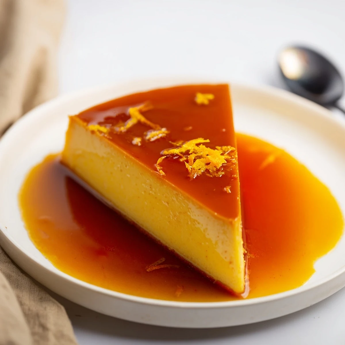 Flan Napolitano glistening with amber caramel, silky custard slices served chilled.