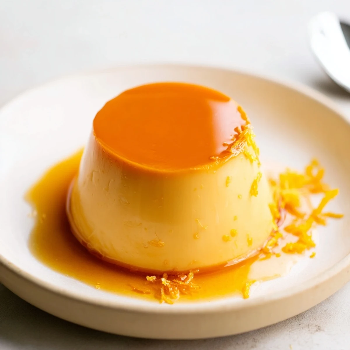 Creamy Flan Napolitano on a plate, orange zest and berries as garnish.