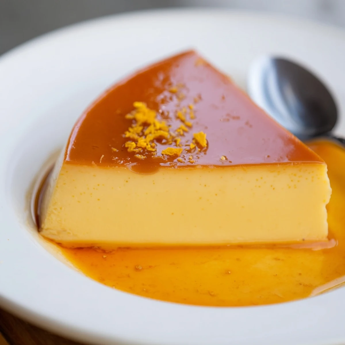Sliced Flan Napolitano resting beside a coffee cup, caramel pooling around edges.