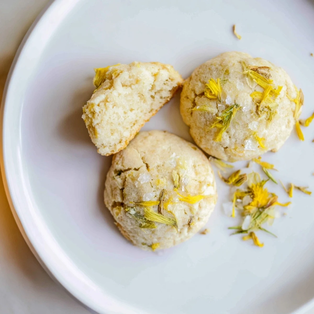 Warm Magical Dandelion Cookies Recipe beside chamomile tea, delicate citrus and petals
