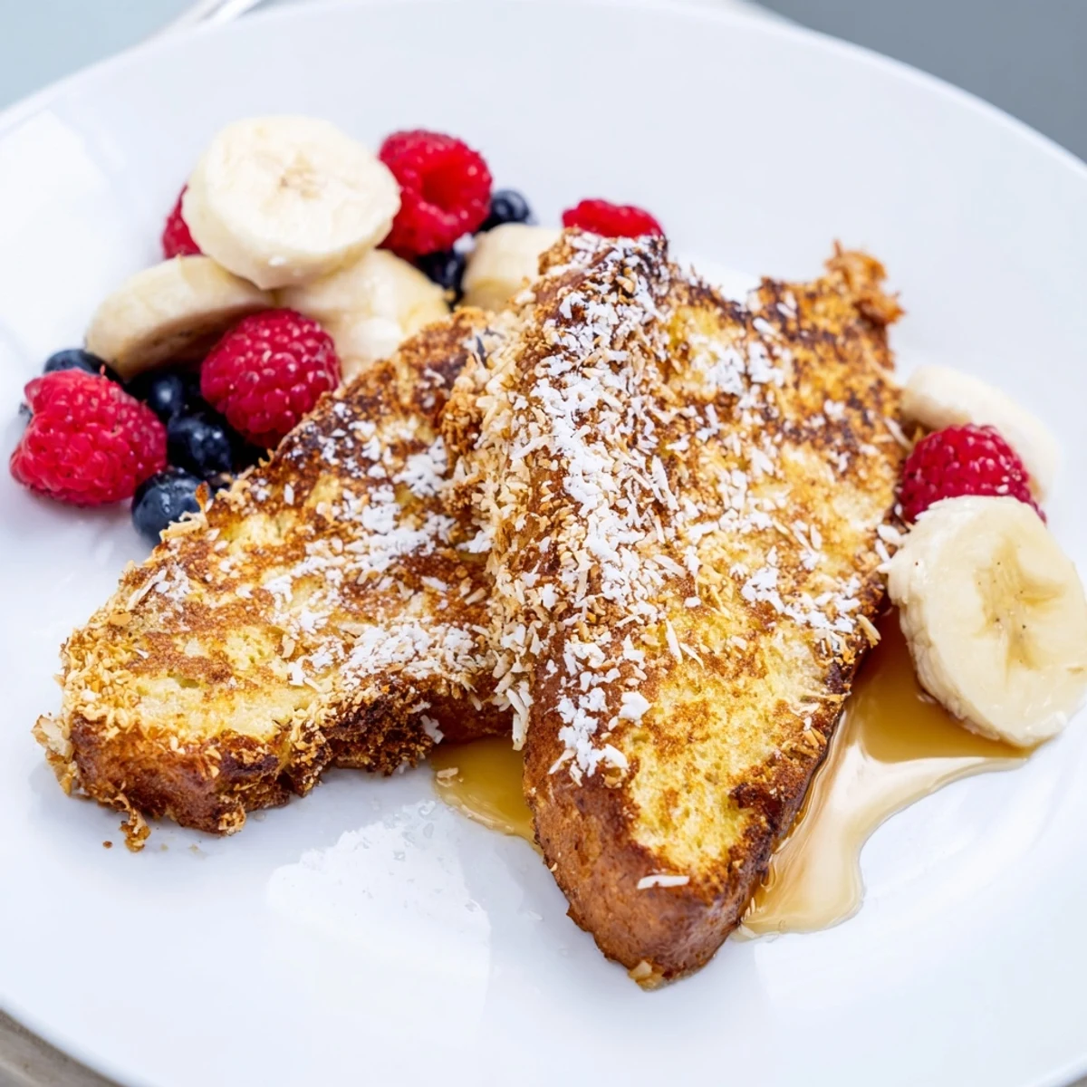 Coconut Crusted French Toast with golden crispy coconut exterior and syrup drizzle