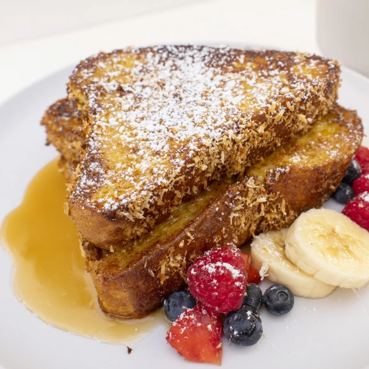 Warm Coconut Crusted French Toast topped with fresh berries and powdered sugar