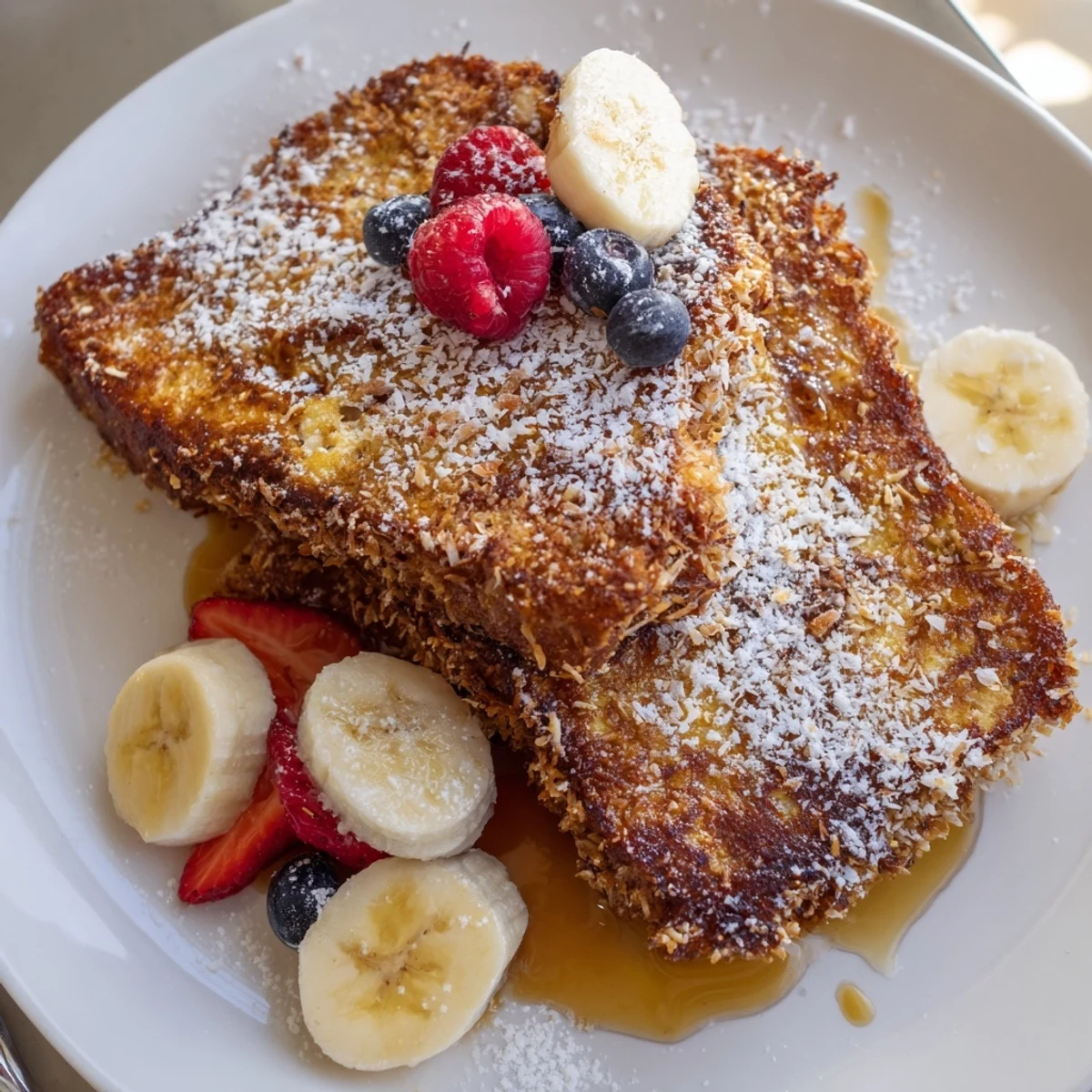 Skillet-fried Coconut Crusted French Toast showing custardy center and banana slices