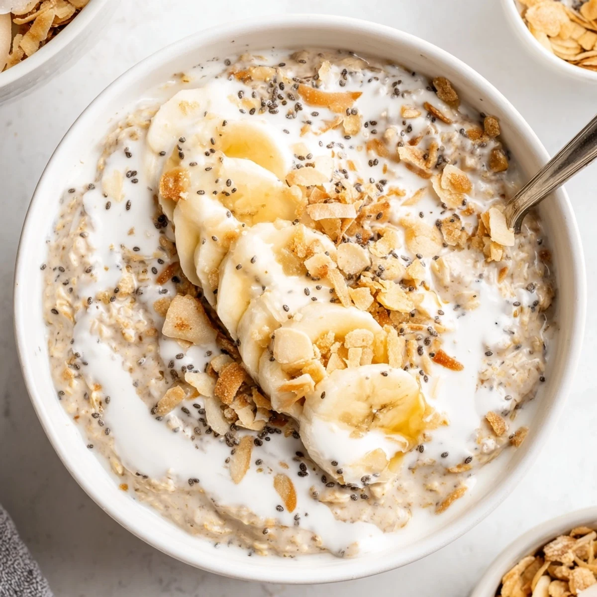 Creamy Coconut Cream Pie Overnight Oats chilled in jar, garnished with graham crumbs