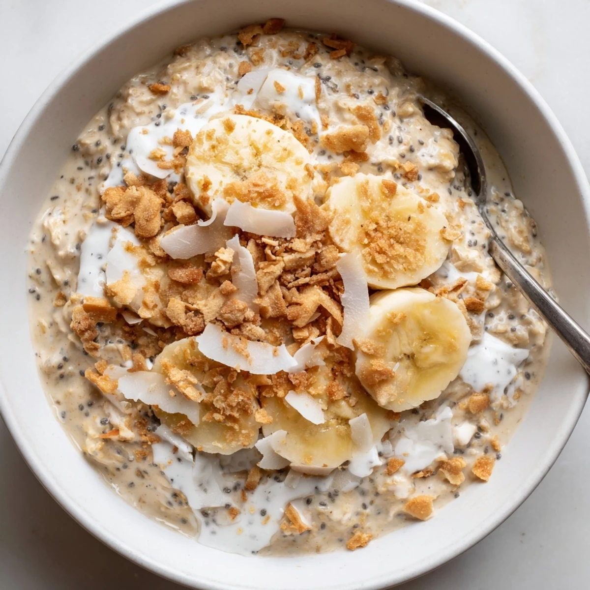 Coconut Cream Pie Overnight Oats topped with toasted coconut and banana slices