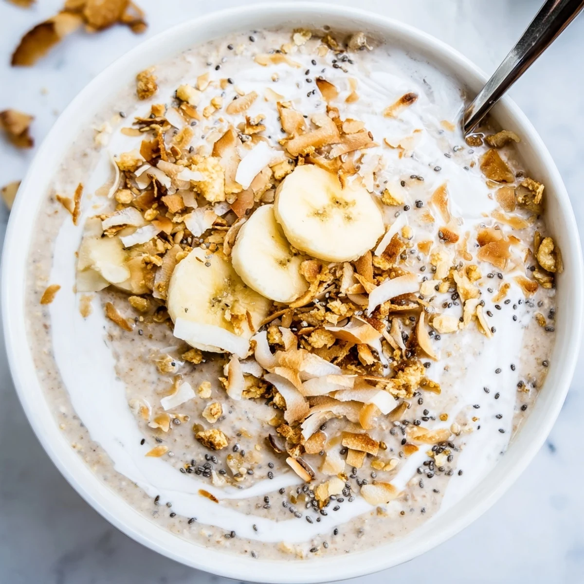 Tangy pineapple and creamy Coconut Cream Pie Overnight Oats served cold morning