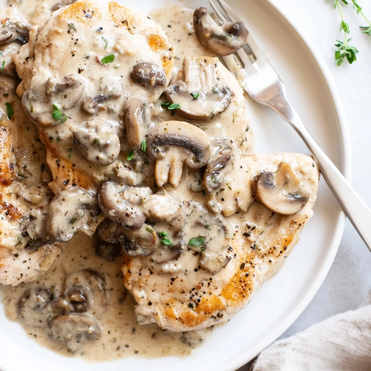 Skillet Chicken And Mushroom Sauce simmering, creamy sauce coating golden chicken