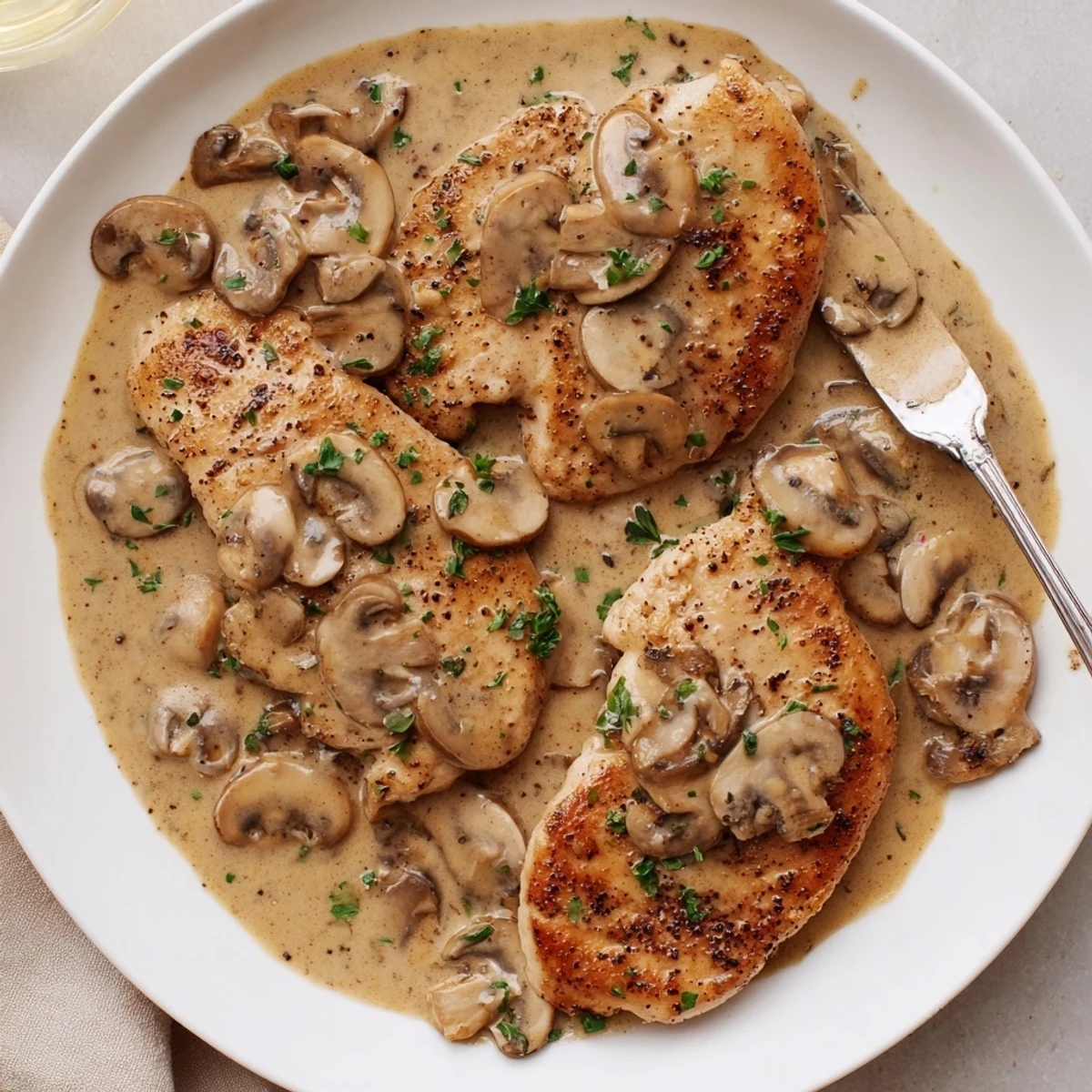 Warm Skillet Chicken And Mushroom Sauce served over mashed potatoes, garnished parsley