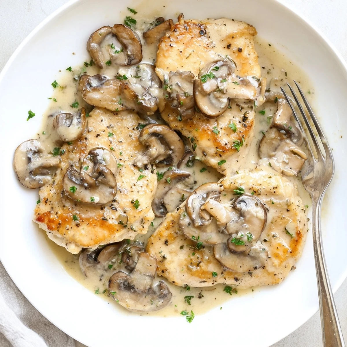 Juicy breasts in Skillet Chicken And Mushroom Sauce with browned mushrooms, fragrant thyme
