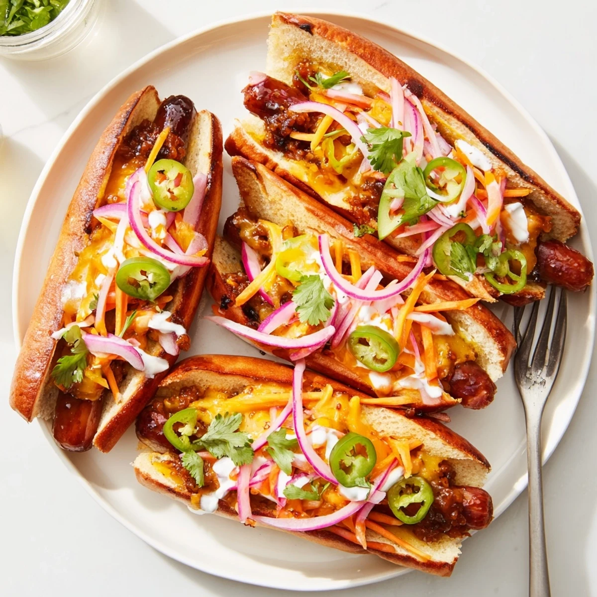 Spicy Firecracker Hot Dogs brushed with chili honey marinade and garnished with crunchy julienned carrots and cilantro