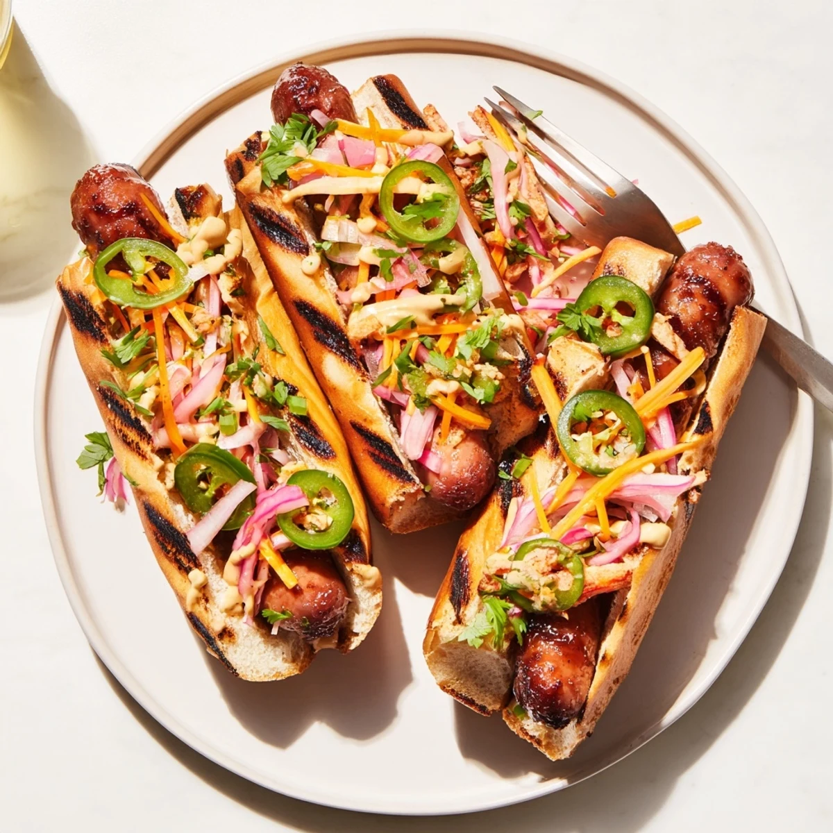 Grilled Spicy Firecracker Hot Dogs topped with melted cheddar, jalapeños, and fresh vegetables on toasted buns