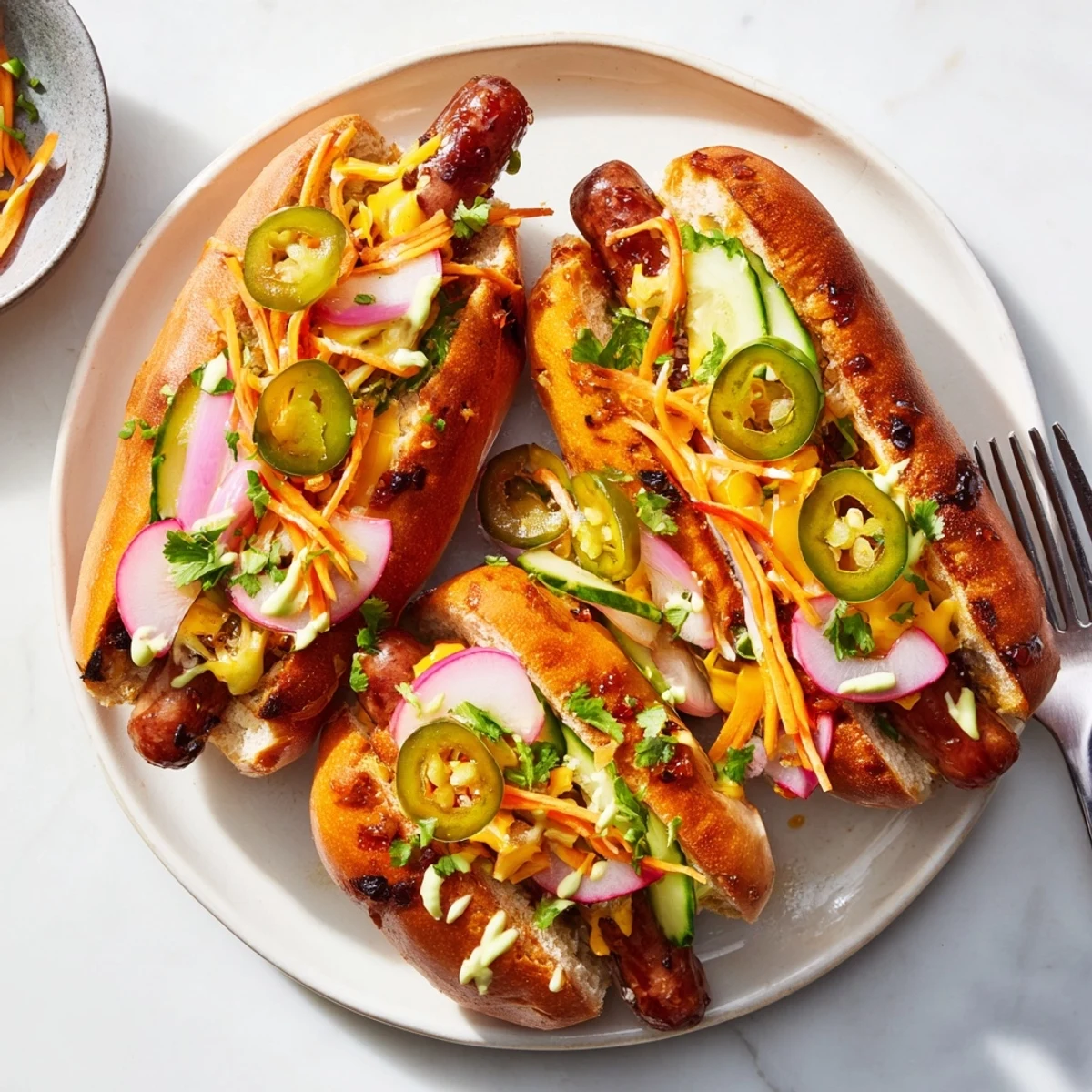 Fire-grilled Spicy Firecracker Hot Dogs loaded with pickled jalapeños, red onion, and drizzled with creamy mayonnaise