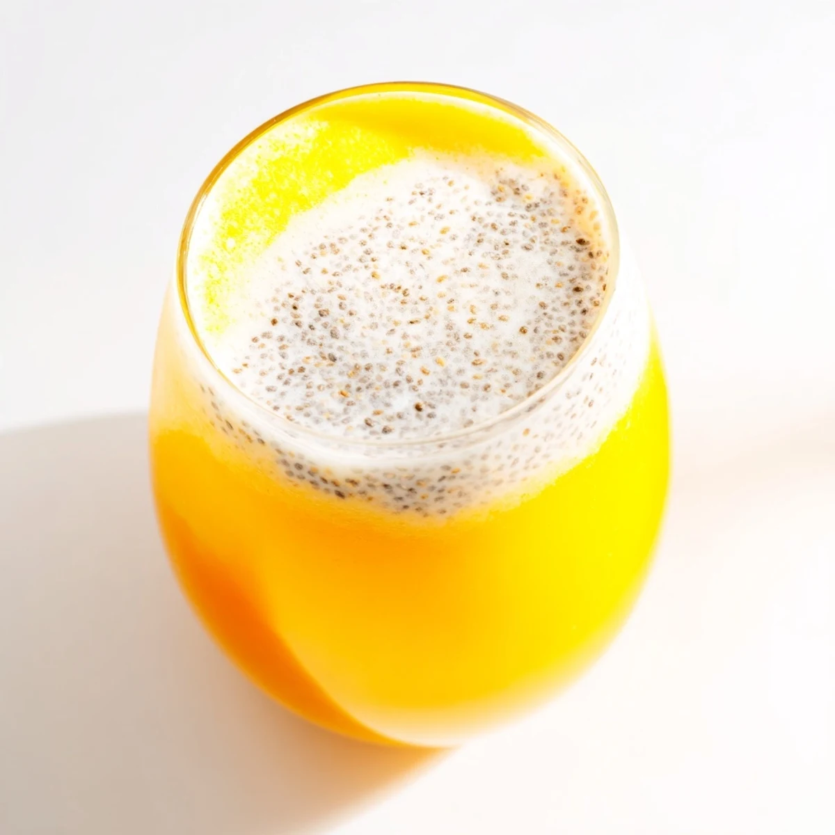 Tropical Sunrise Protein Smoothie recipe poured into two glasses with fresh fruit garnish