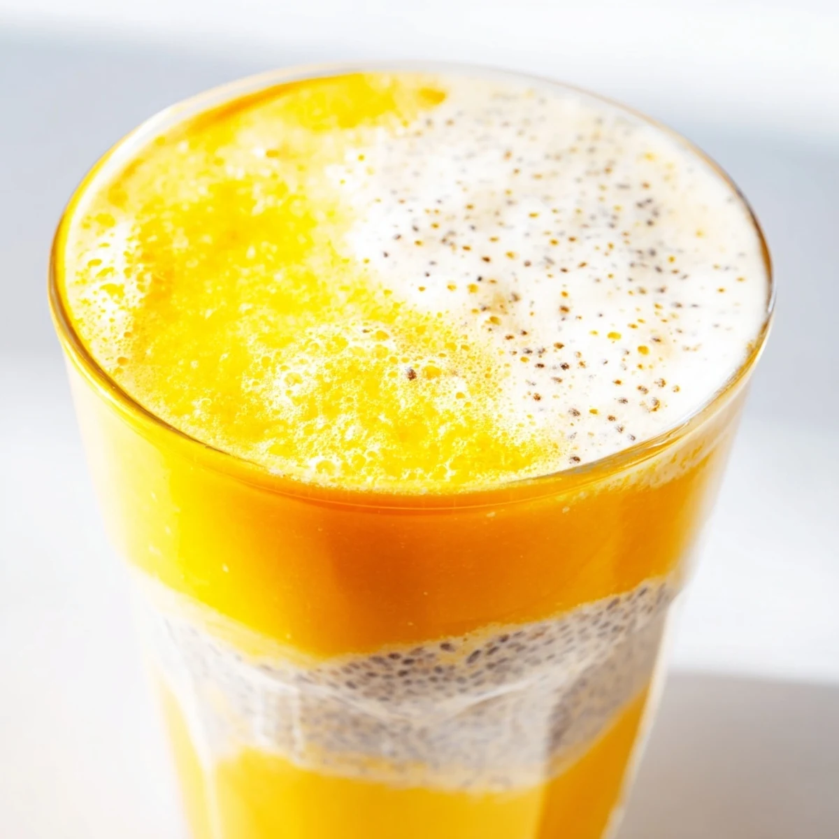 Golden Tropical Sunrise Protein Smoothie blending mango, pineapple, and vanilla protein powder