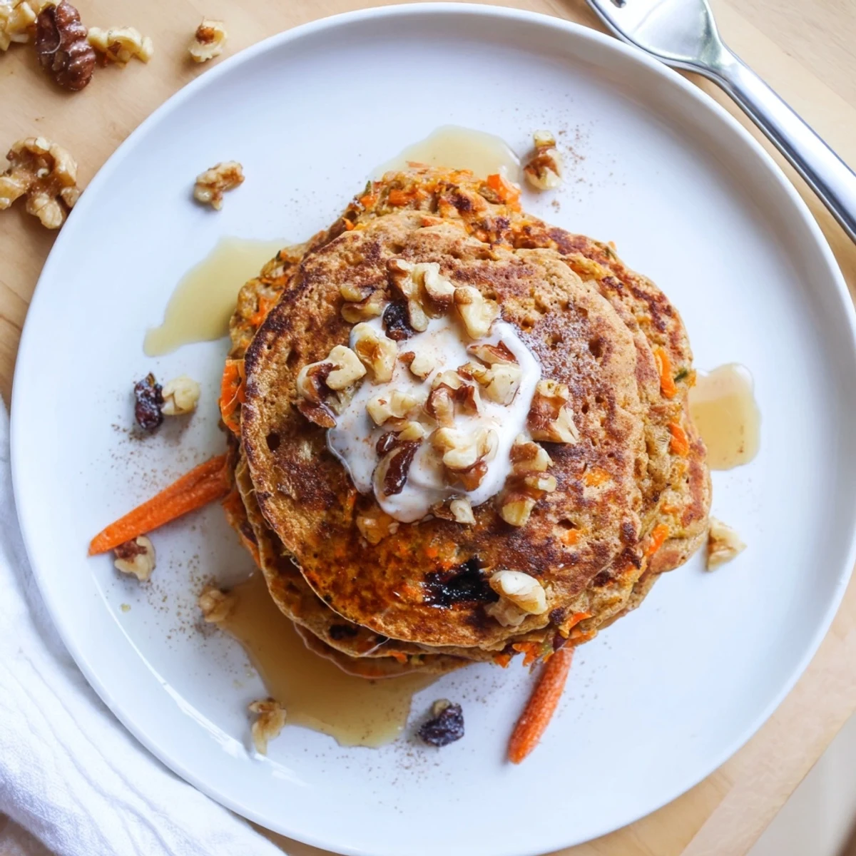 Golden brown carrot cake pancakes with visible grated carrot pieces and a dusting of cinnamon powder.